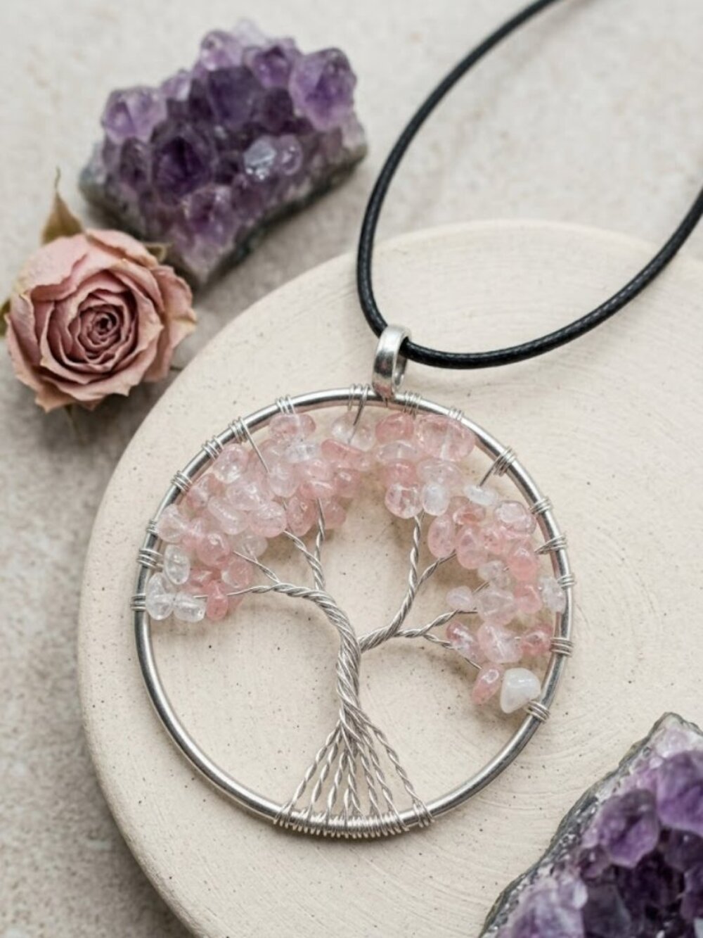 Rose Quartz Tree of Life Wire Wrapped Pendant Necklace Boho Vegan Leather